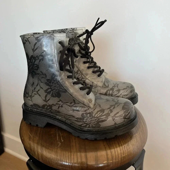 G-Six transparent Ginny combat boots rainboots with black lace size 38 - Picture 2 of 8